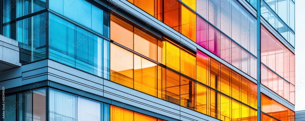 Fototapeta premium A close-up of an office complex with a facade made from thermochromic glass, which changes color based on temperature, providing a visual indicator of climate conditions