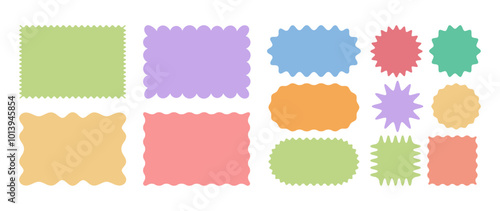 Set of zigzag and wavy edge stickers in rectangle, oval and circle shapes. Vector jagged geometric designs. Abstract elements perfect for frames, stamps, templates, promotional materials, web design,