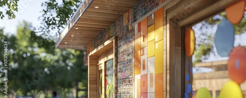 A close-up of a community center built with recycled materials, featuring a facade that incorporates interactive art elements for local engagement photo