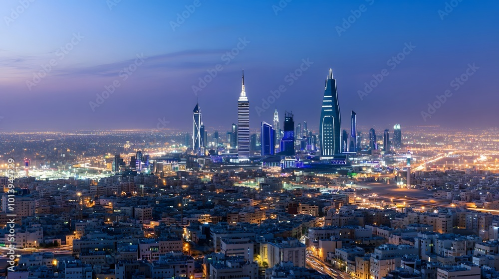 Obraz premium KAFD buildings in Riyadh during the blue hour, showcasing the city's modern skyline and illuminated architecture against a tranquil evening backdrop