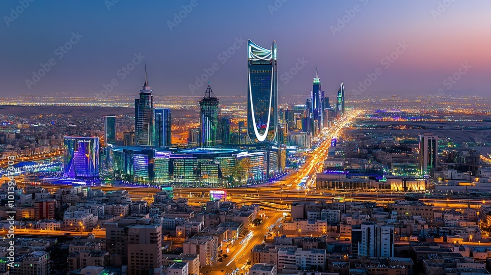 custom made wallpaper toronto digitalKAFD buildings in Riyadh during the blue hour, showcasing the city's modern skyline and illuminated architecture against a tranquil evening backdrop