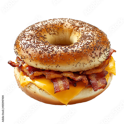 A bagel breakfast sandwich with cheese and bacon isolated on transparent background.