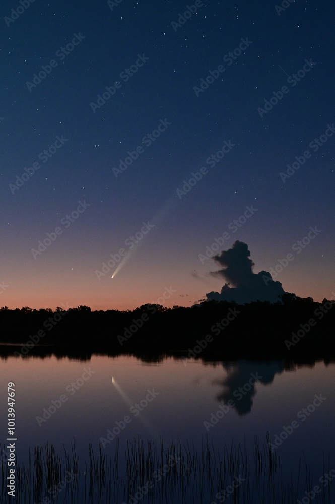 Comet Tsuchinshan-ATLAS rises in east over calm water of Nine Mile Pond in Everglades National Park, Florida in early twilight. Comet Tsuchinshan-ATLAS rises in east over calm water of Nine Mile Pond in Everglades National Park, Florida in early twilight.