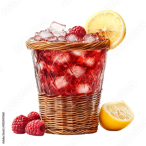 A basket holding a glass of red raspberry cocktail with lemon wedges isolated on transparent background.