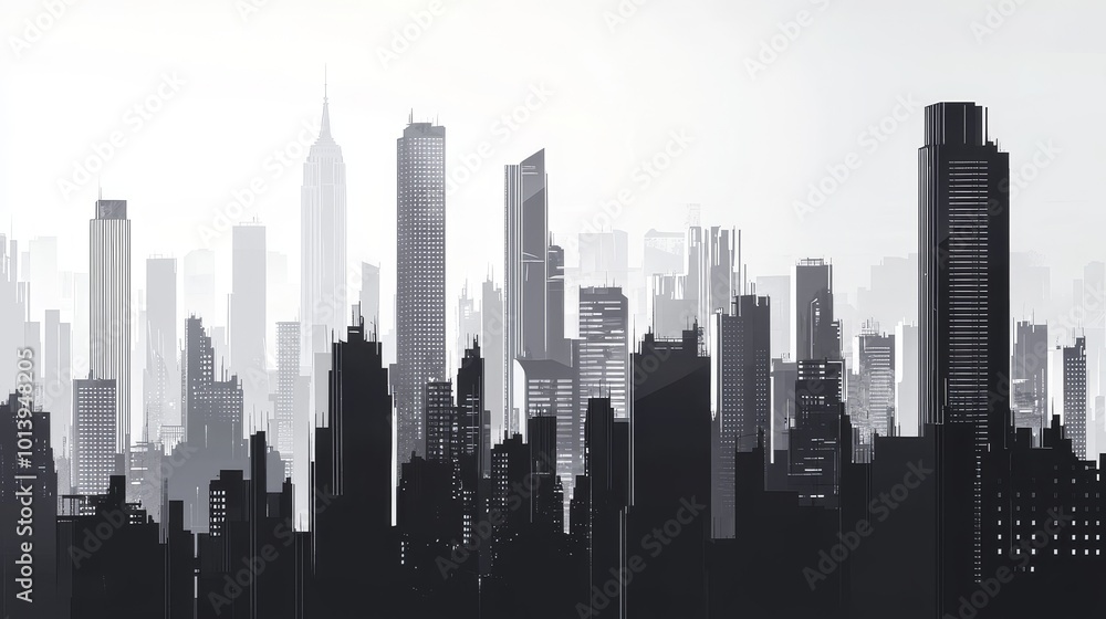 Fototapeta premium A Captivating Skyline: Exploring the Urban Landscape in Shades of Grey and Black, Where Modern Architecture Touches the Cloudy Sky