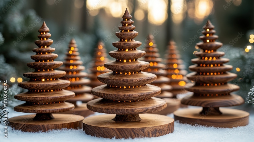 Obraz premium Wooden Christmas Trees in Winter Wonderland Scene