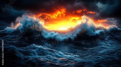 Dramatic Sunset Over Stormy Sea With Huge Waves