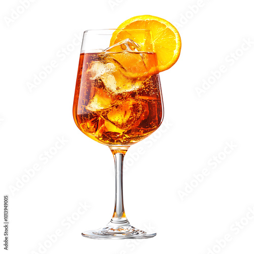 A glass of Aperol Spritz cocktail with an orange slice isolated on transparent background.