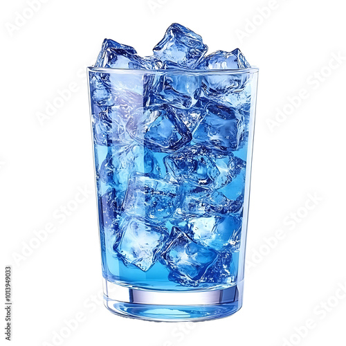 A glass of blue liquid with ice cubes isolated on transparent background.