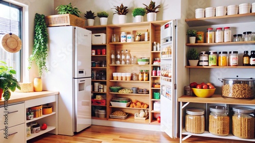 Modern kitchen pantry with open shelves and a refrigerator.