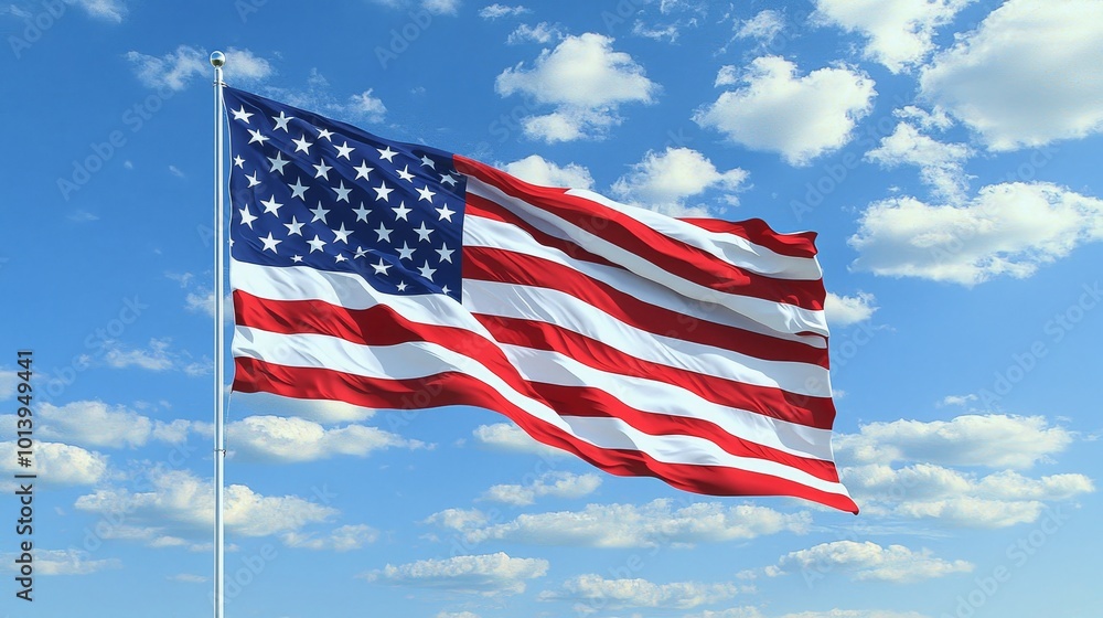 Majestic Display: The American Flag Flutters Against a Bright Blue Sky, Symbolizing Freedom and National Pride in a Flourish of Stripes. Majestic Display: The American Flag Flutters Against a Bright Blue Sky, Symbolizing Freedom and National Pride in a Flourish of Stripes.