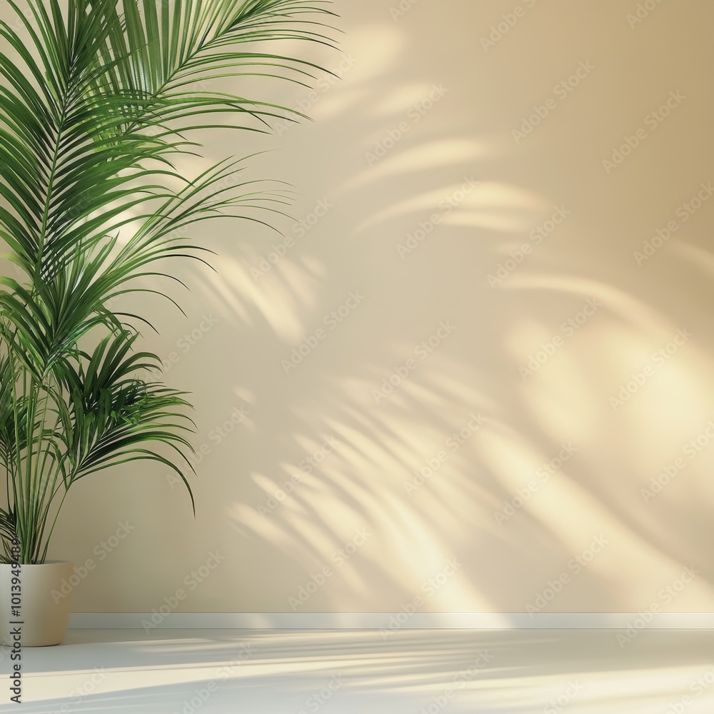 Green palm leaves in a vase on a beige wall background Green palm leaves in a vase on a beige wall background