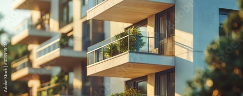 A close-up of a residential building with balconies that extend and retract based on the suna??s path, providing optimal lighting and space usage throughout the day photo