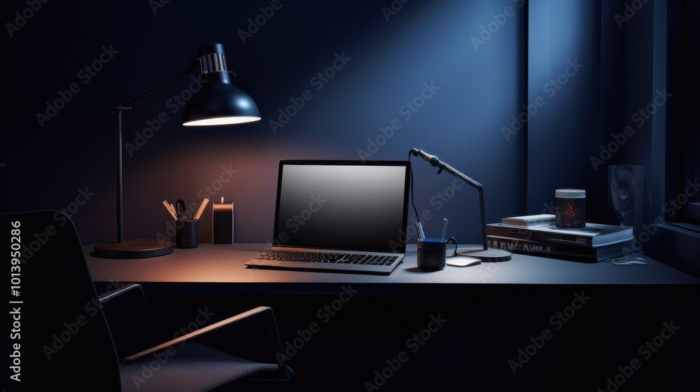 © Iona - A moody nighttime desk scene with a glowing laptop and black lamp, offering a serene yet focused atmosphere for late-night work. © Iona - A moody nighttime desk scene with a glowing laptop and black lamp, offering a serene yet focused atmosphere for late-night work.