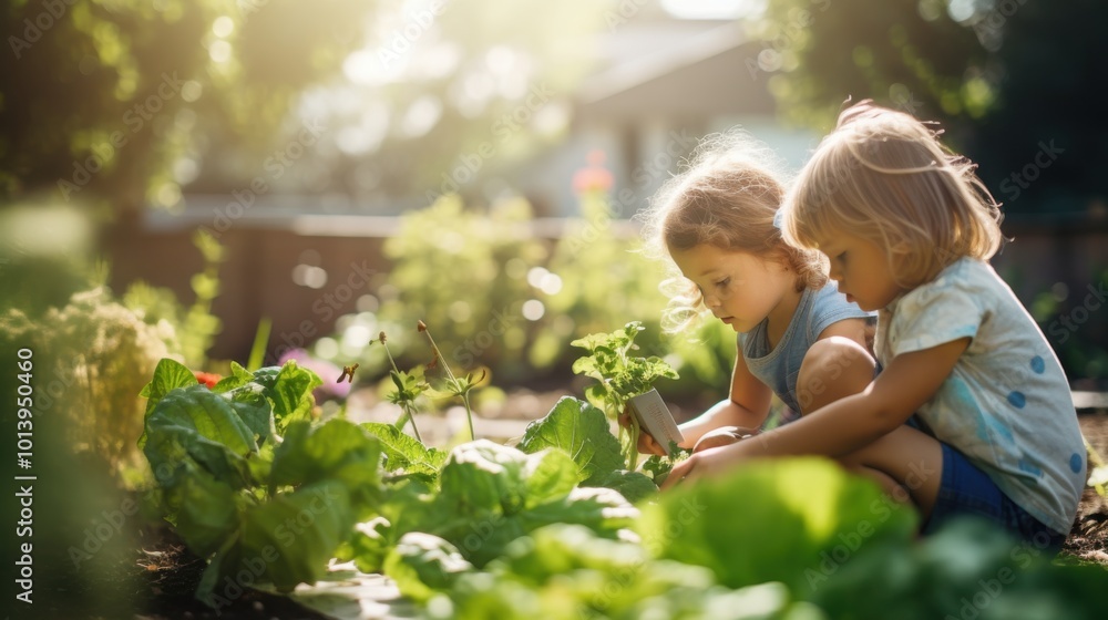 Two young children explore a vegetable garden, surrounded by lush greenery and sunshine, embodying curiosity and innocence. Two young children explore a vegetable garden, surrounded by lush greenery and sunshine, embodying curiosity and innocence.