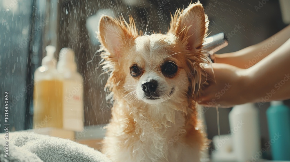 A Playful Chihuahua Enjoys a Refreshing Bath Amidst Cascading Water and Cheerful Grooming Atmosphere Full of Joy and Care A Playful Chihuahua Enjoys a Refreshing Bath Amidst Cascading Water and Cheerful Grooming Atmosphere Full of Joy and Care
