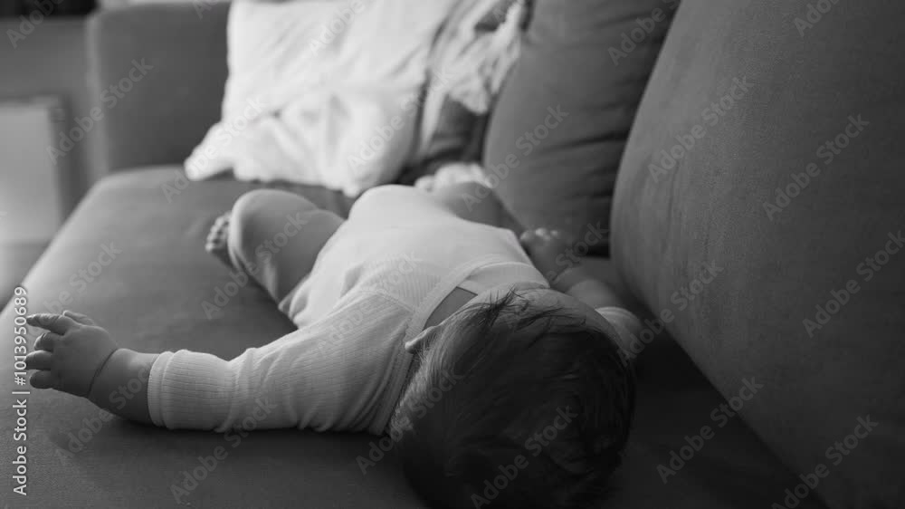 Baby resting on the couch in a calm and serene posture. black and white, the moment emphasizes simplicity and peacefulness, highlighting early moments of comfort in infancy Baby resting on the couch in a calm and serene posture. black and white, the moment emphasizes simplicity and peacefulness, highlighting early moments of comfort in infancy