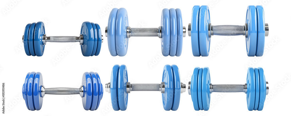 Set of blue dumbbells with metal handles isolated on transparent background Set of blue dumbbells with metal handles isolated on transparent background