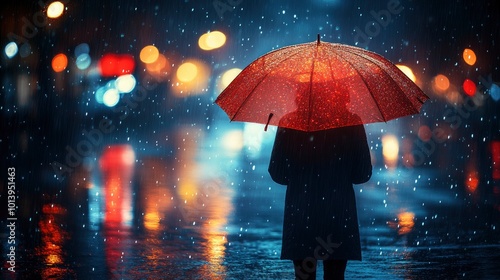 Woman Walking in the Rain with a Red Umbrella