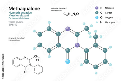 Methaqualone. Structural Chemical Formula and 3d Model of Molecule. C16H14N2O. Atoms with Color Coding. Vector graphic Illustration for educational materials, scientific articles, and presentations