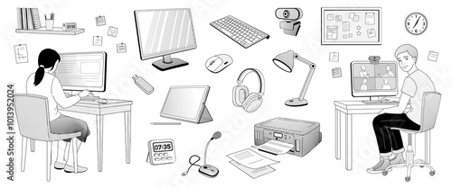 School-age boy and girl sitting at a computer and set elements about online learning - keyboard, printer, camera, microphone, tablet, stylus,screen, mouse computer