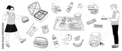 elementary school boy and girl and school nutrition set, food tray, lunchbox, burger, fruits, drinks