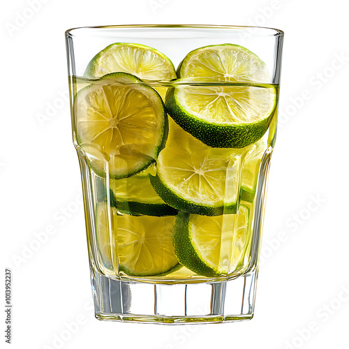 A glass with lime slices isolated on transparent background.