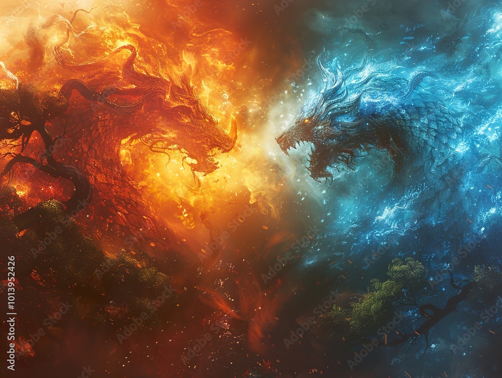 Fire and Ice Dragons: A Mythical Confrontation Fire and Ice Dragons: A Mythical Confrontation