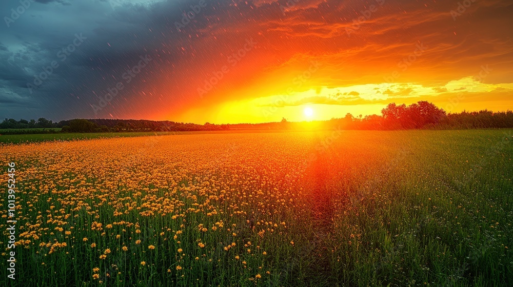 Fototapeta premium Sunset over a field of wildflowers