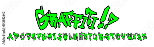 Gothic alphabet in graffiti style. Hand drawn bright green letters in the musical style of punk and rock.