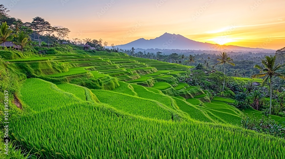 A scenic view of lush green rice terraces in the morning with a mountain in the background. A scenic view of lush green rice terraces in the morning with a mountain in the background.
