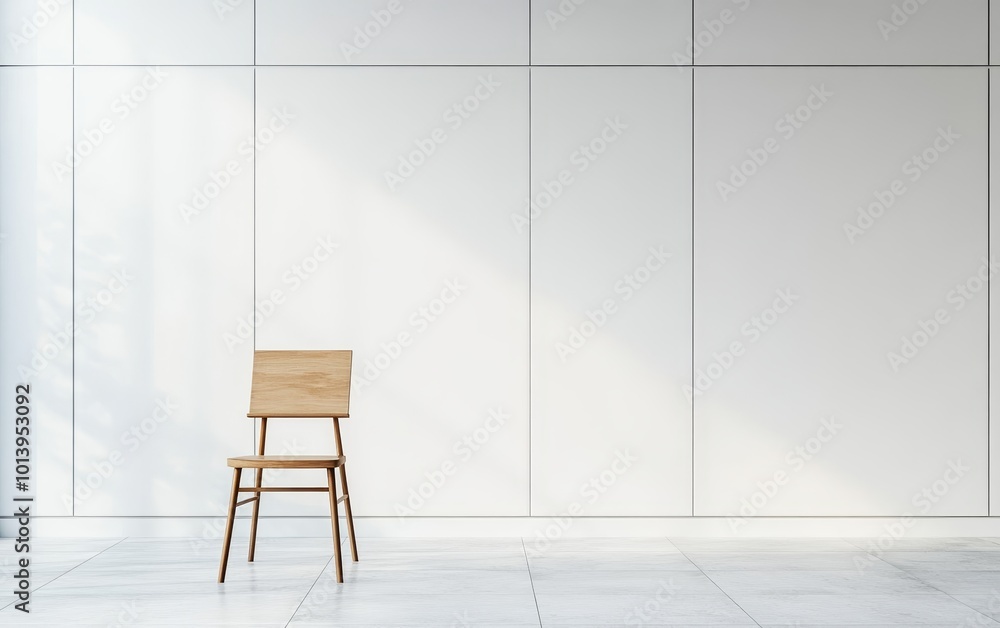 A minimalist interior featuring a single wooden chair against a bright, empty wall, emphasizing simplicity and space. A minimalist interior featuring a single wooden chair against a bright, empty wall, emphasizing simplicity and space.