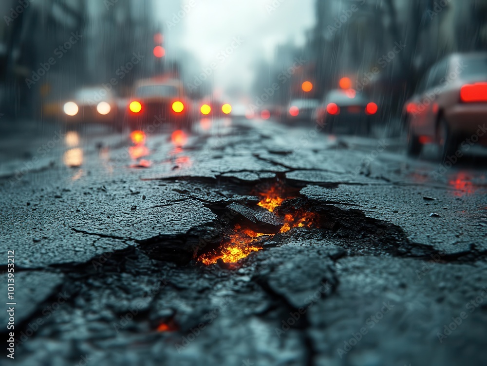 a dramatic cityscape featuring a cracked road due to an earthquake with cars blurred in motion capturing the chaos and impact of natural disasters set against a bustling urban background a dramatic cityscape featuring a cracked road due to an earthquake with cars blurred in motion capturing the chaos and impact of natural disasters set against a bustling urban background