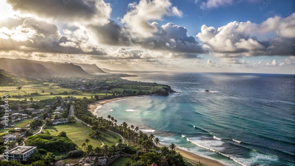 Aerial view of a beautiful beach with clear blue water, green hills, white clouds and a distant island. Aerial view of a beautiful beach with clear blue water, green hills, white clouds and a distant island.