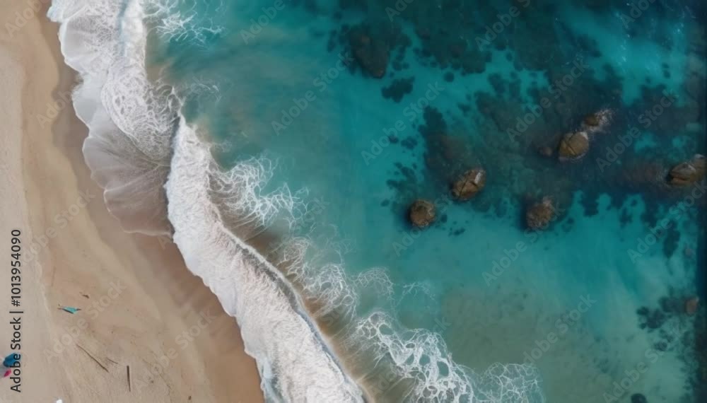 High-altitude drone shot of a secluded tropical beach with crystal-clear turquoise waters and gentle waves lapping at the shore, surrounded by untouched nature. High-altitude drone shot of a secluded tropical beach with crystal-clear turquoise waters and gentle waves lapping at the shore, surrounded by untouched nature.