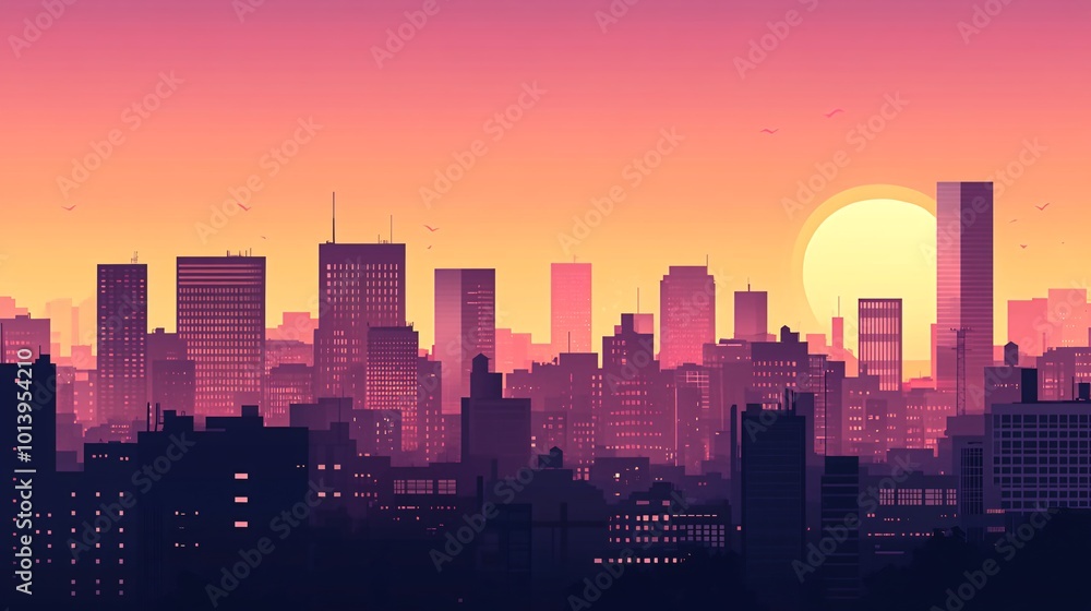 A vibrant sunset over a city skyline with silhouettes of buildings and a large sun. A vibrant sunset over a city skyline with silhouettes of buildings and a large sun.