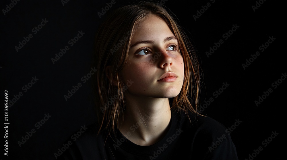 A young woman with long brown hair looks up thoughtfully, her face illuminated by soft light against a dark background. A young woman with long brown hair looks up thoughtfully, her face illuminated by soft light against a dark background.