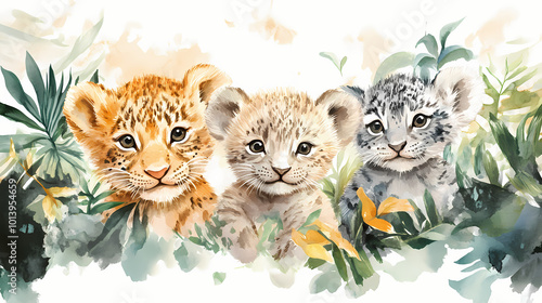 Fototapeta Naklejka Na Ścianę i Meble -  Watercolor drawing of design cute baby jungle animals on white background. Pastel Drawing. Illustration