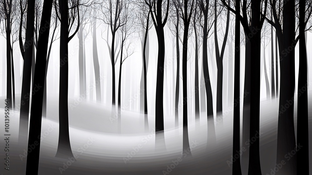 Abstract grayscale illustration of a forest with fog. Abstract grayscale illustration of a forest with fog.