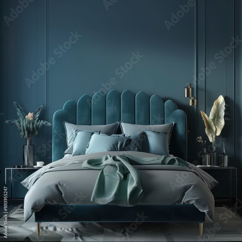 Luxurious bedroom interior with a teal velvet bed, dark blue wall molding, and elegant bedside tables. Perfect for showcasing interior design and home decor concepts. photo