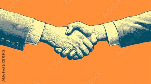 A symbolic handshake representing partnership, collaboration, and mutual agreement in a vibrant, orange background.