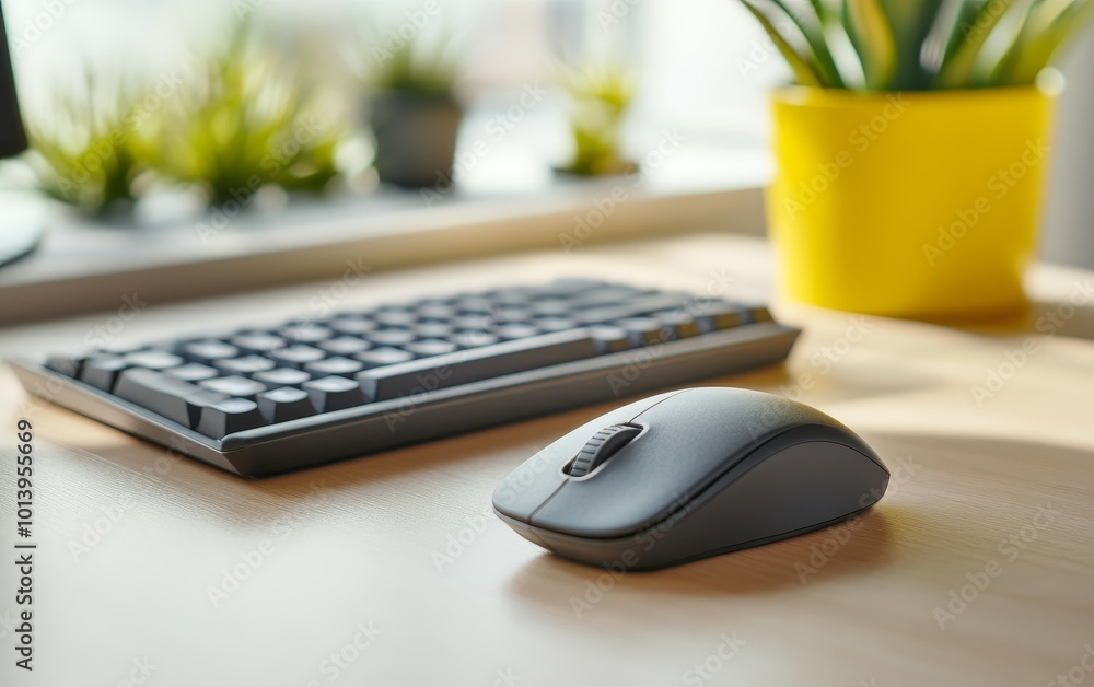 A modern workspace featuring a keyboard and mouse, surrounded by small plants, emphasizing productivity and comfort. A modern workspace featuring a keyboard and mouse, surrounded by small plants, emphasizing productivity and comfort.