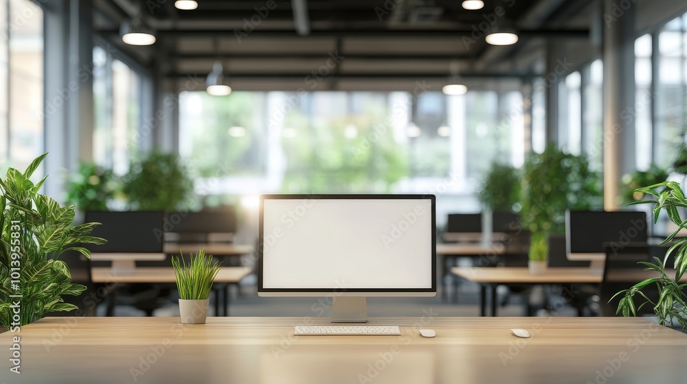 A modern office workspace featuring a computer, plants, and a bright, open atmosphere. A modern office workspace featuring a computer, plants, and a bright, open atmosphere.