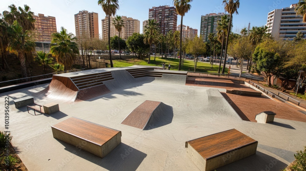 Urban Skate Park Surrounded by Palm Trees and Buildings Urban Skate Park Surrounded by Palm Trees and Buildings