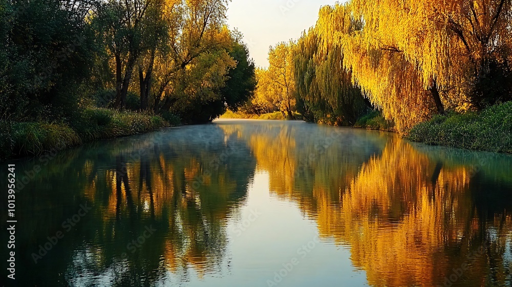 Calm river with golden autumn trees reflected in the water. Calm river with golden autumn trees reflected in the water.