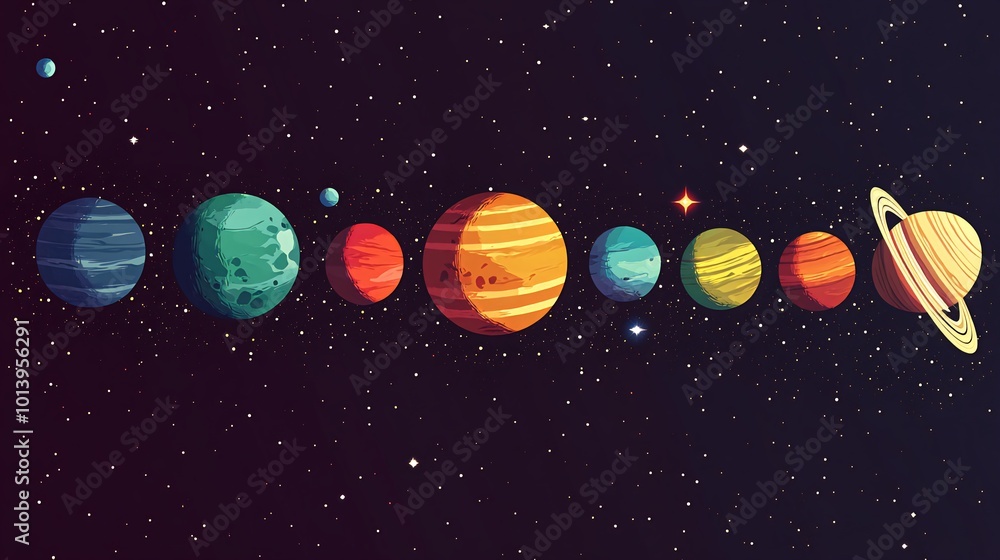 Naklejka premium Cartoon illustration of the planets in our solar system.