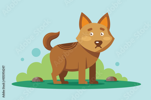 Cartoon Dog in Green Landscape with Rocks and Bushes