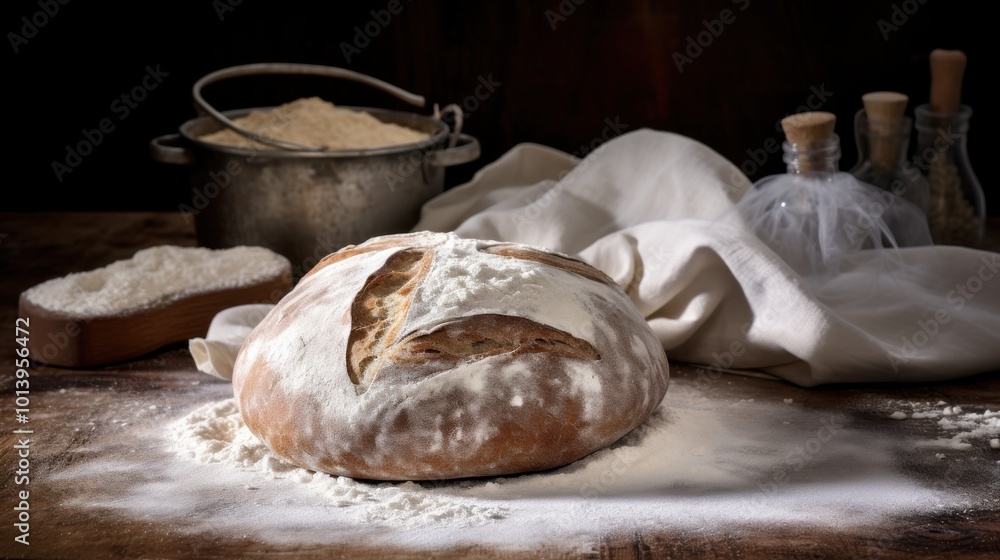 A rustic bread loaf dusted with flour beside a metal pot and linen on a wooden table evokes artisanal baking's cozy and inviting essence. A rustic bread loaf dusted with flour beside a metal pot and linen on a wooden table evokes artisanal baking's cozy and inviting essence.