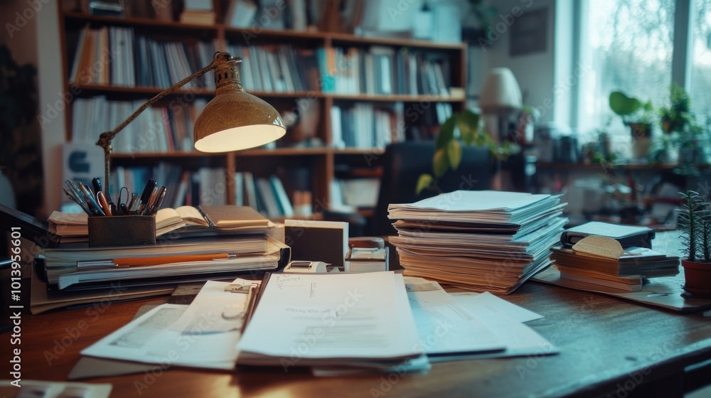 Office Desk with Papers and Lamp Office Desk with Papers and Lamp
