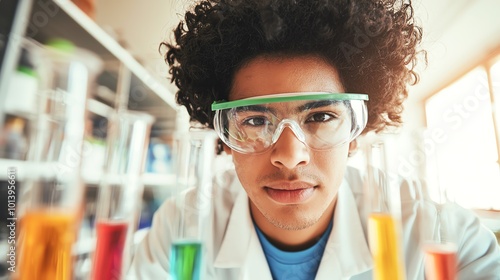 A young scientist in a lab coat and protective glasses examines colorful test tubes, showcasing curiosity and scientific exploration.